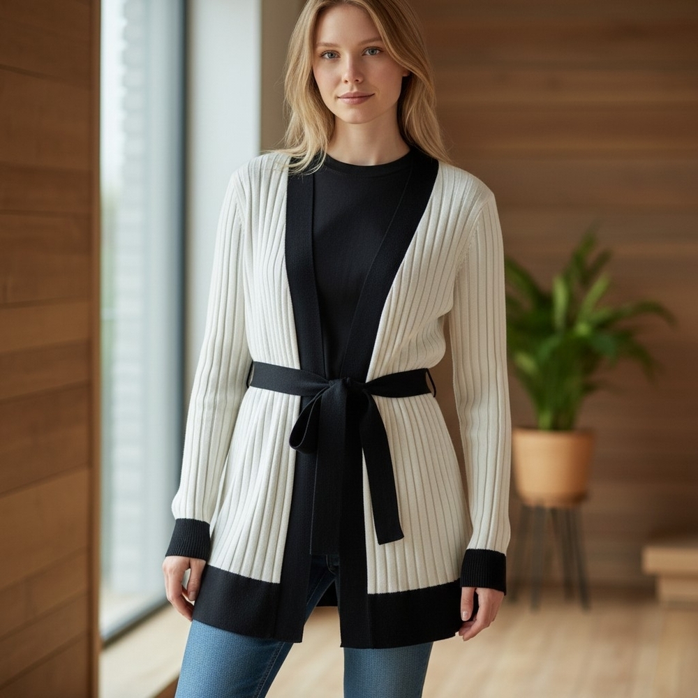 WHITE HOUSE BLACK MARKET | Belted White Longline Cardigan with Black Trim | XL - Picture 2 of 10